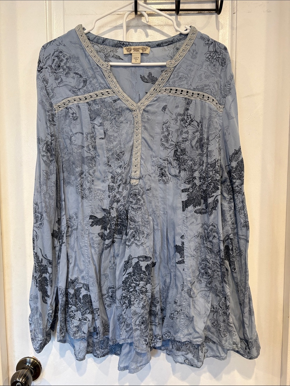 Soft Blue Floral V-Neck Boho tunic by Vintage America blues